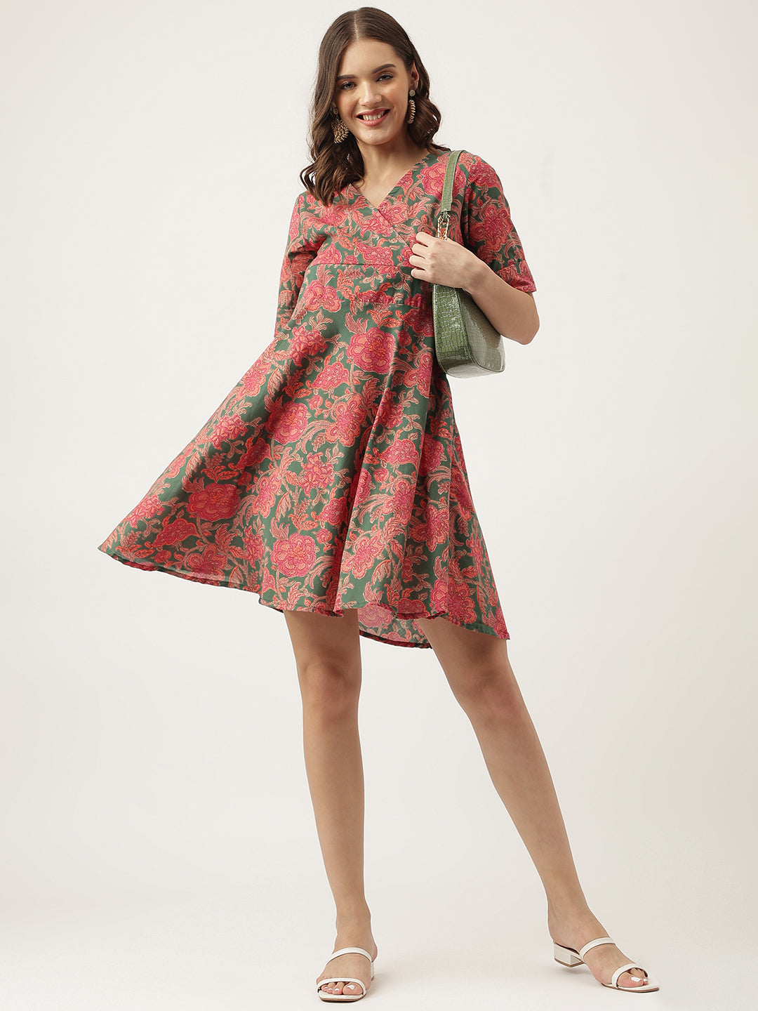 Eshani Grey Pink Floral Printed Cotton Fit & Flare Mini Dress