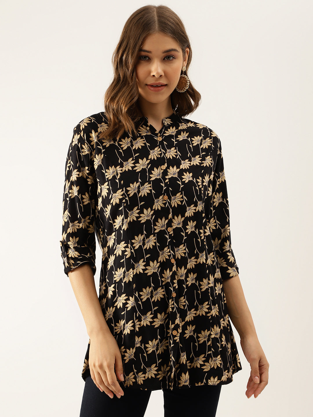 Eshani Black Floral Printed Rayon Shirt type Top for Women