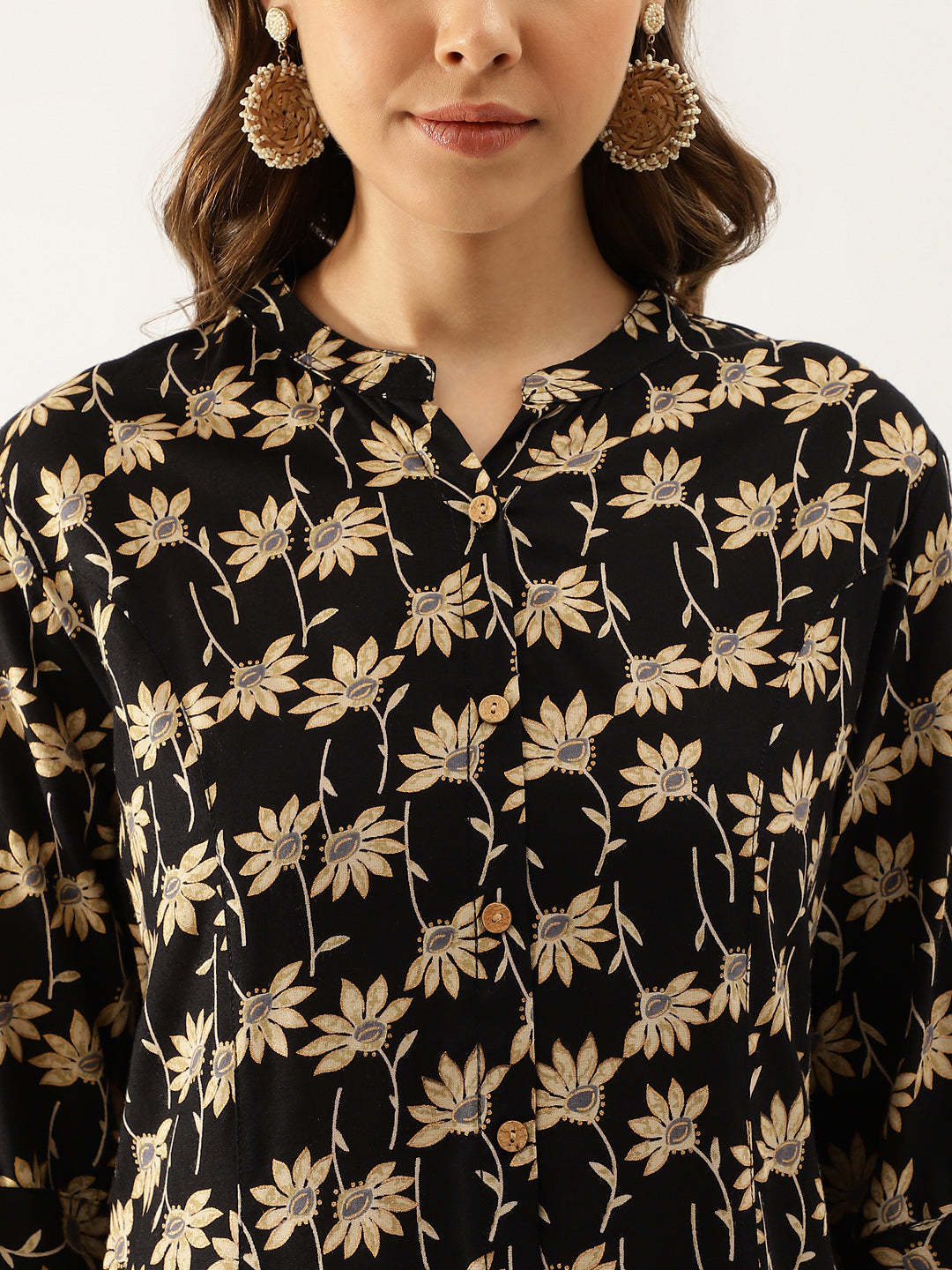 Eshani Black Floral Printed Rayon Shirt type Top for Women