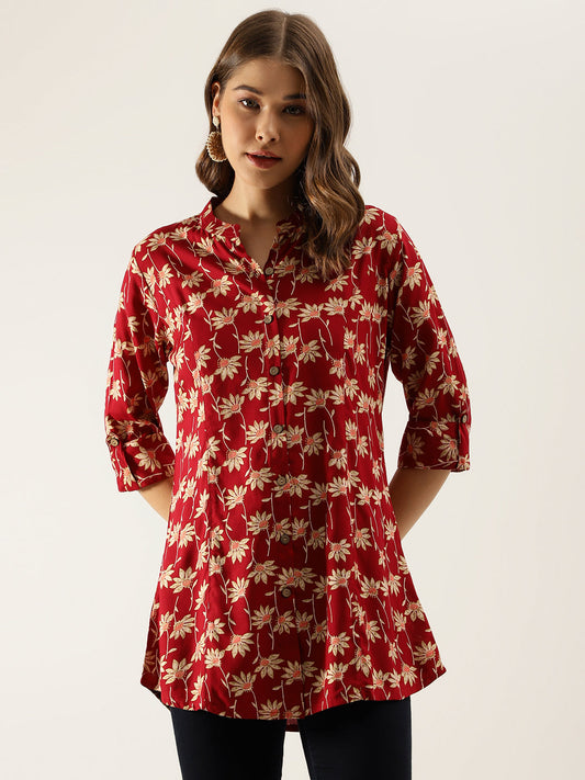 Eshani Maroon Floral Printed Rayon Shirt type Top for Women