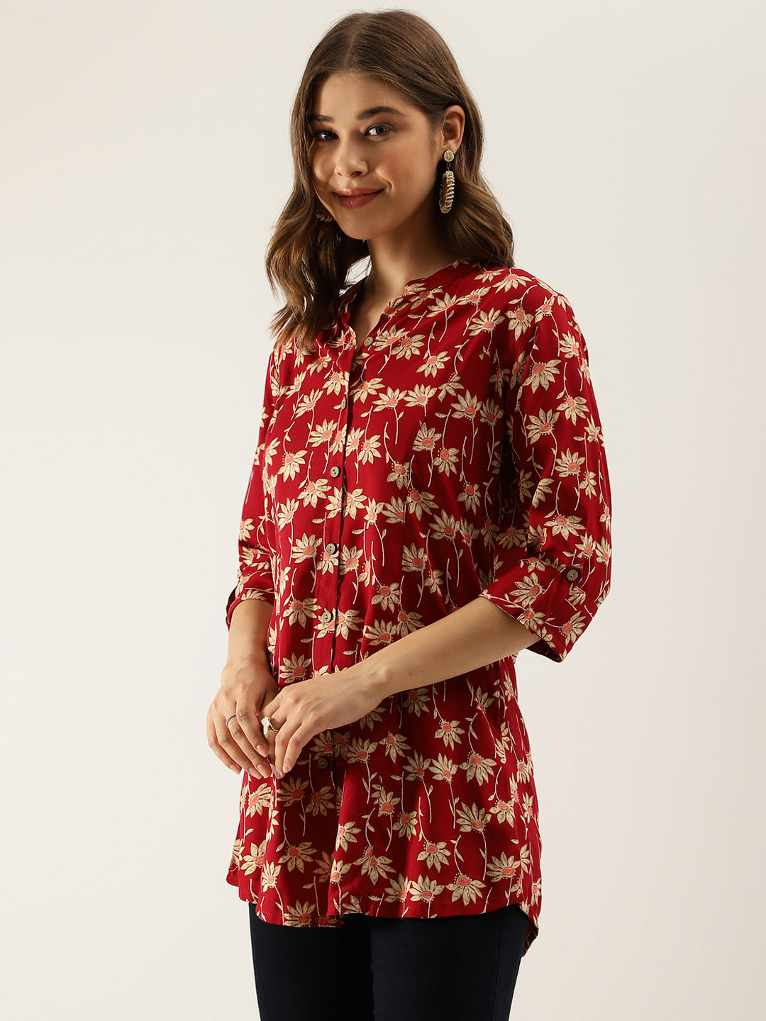 Eshani Maroon Floral Printed Rayon Shirt type Top for Women