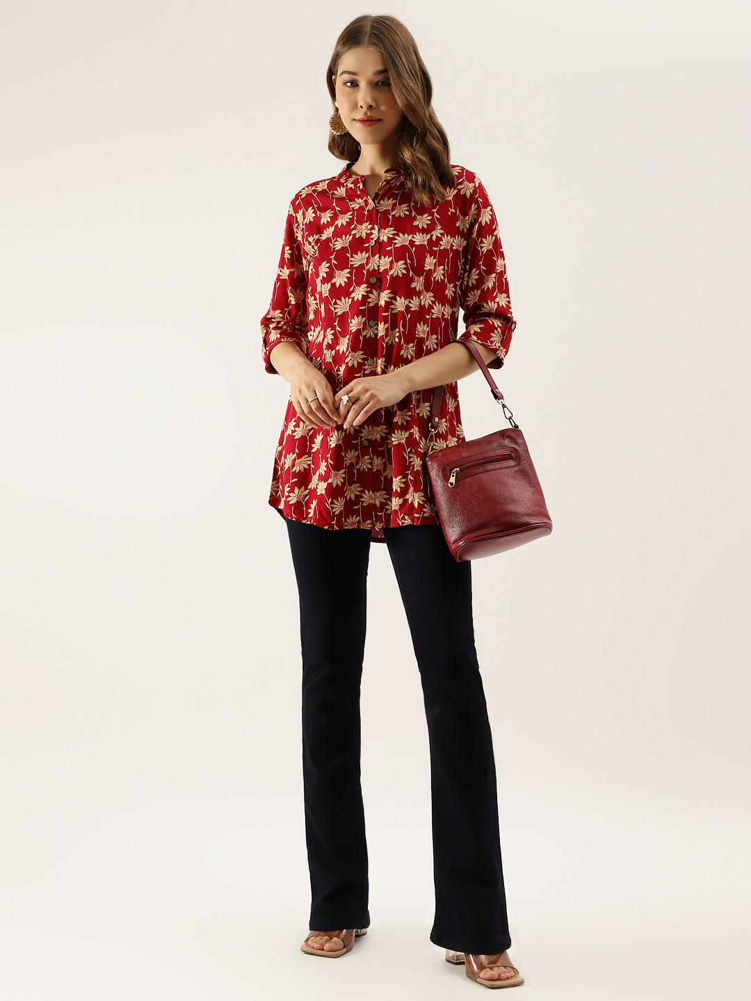Eshani Maroon Floral Printed Rayon Shirt type Top for Women