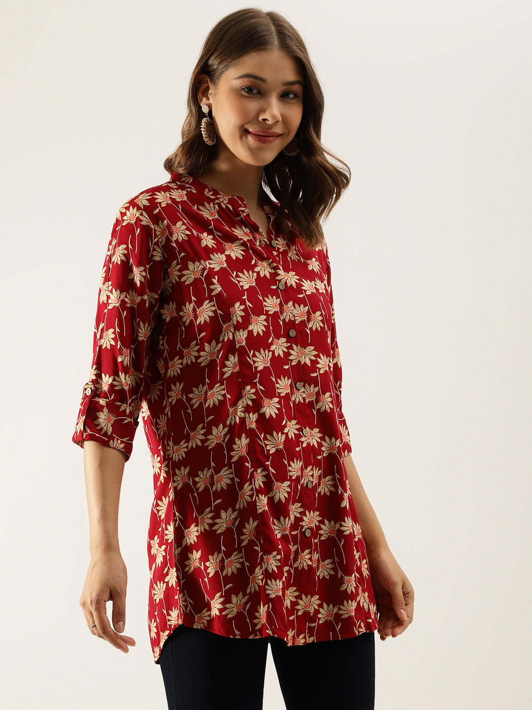 Eshani Maroon Floral Printed Rayon Shirt type Top for Women