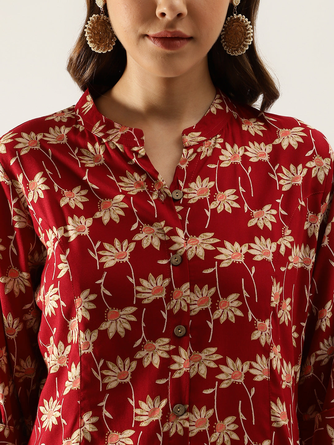 Eshani Maroon Floral Printed Rayon Shirt type Top for Women
