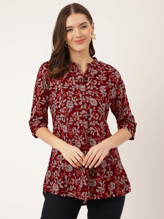 Eshani Maroon Floral Print Rayon Regular Top