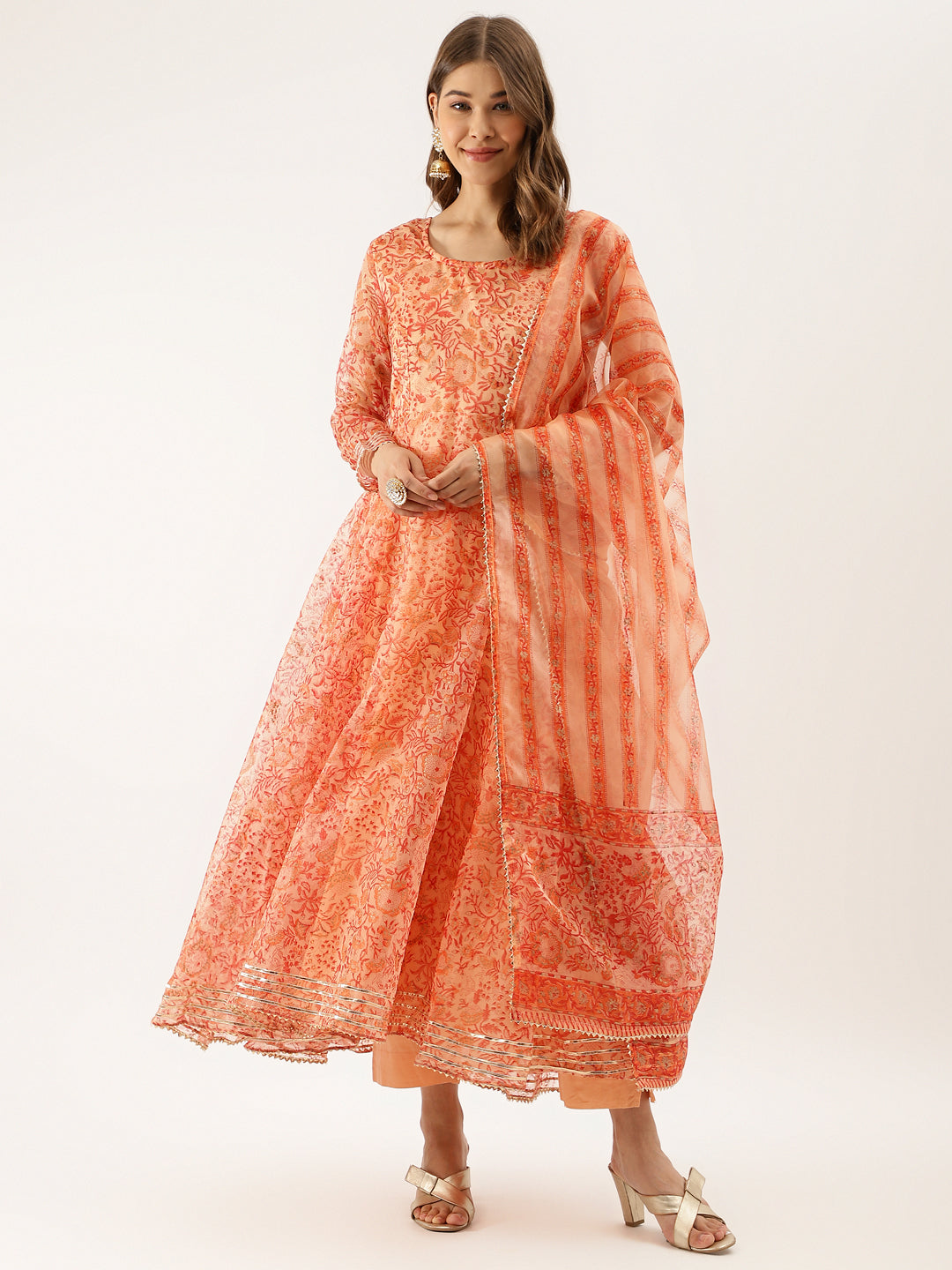 Eshani Orange Floral Print Organza Anarkali Kurta set with Dupatta