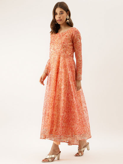 Eshani Orange Floral Print Organza Anarkali Kurta set with Dupatta