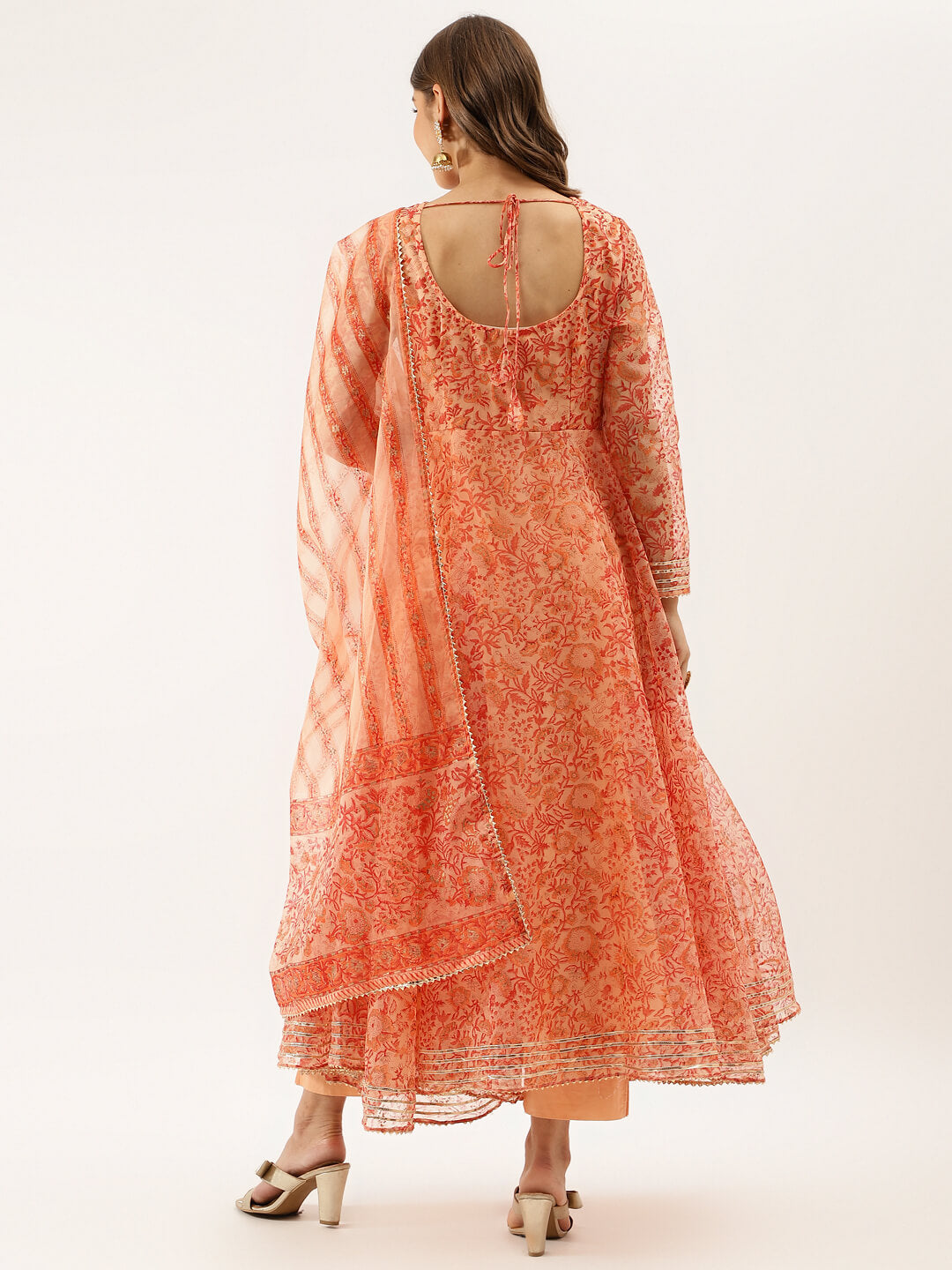 Eshani Orange Floral Print Organza Anarkali Kurta set with Dupatta