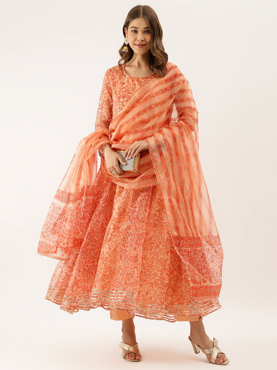 Eshani Orange Floral Print Organza Anarkali Kurta set with Dupatta