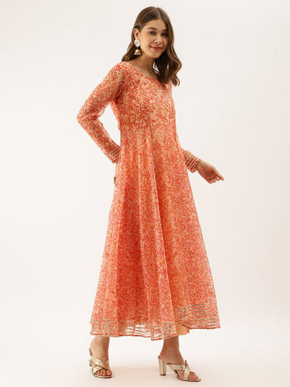 Eshani Orange Floral Print Organza Anarkali Kurta set with Dupatta