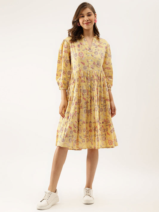 Eshani Yellow Floral Printed Cotton Dress for Women