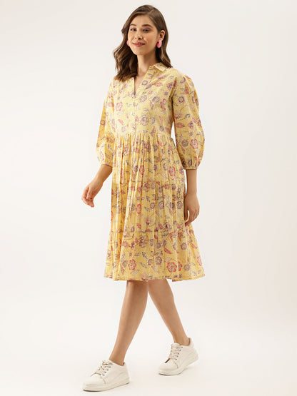 Eshani Yellow Floral Printed Cotton Dress for Women