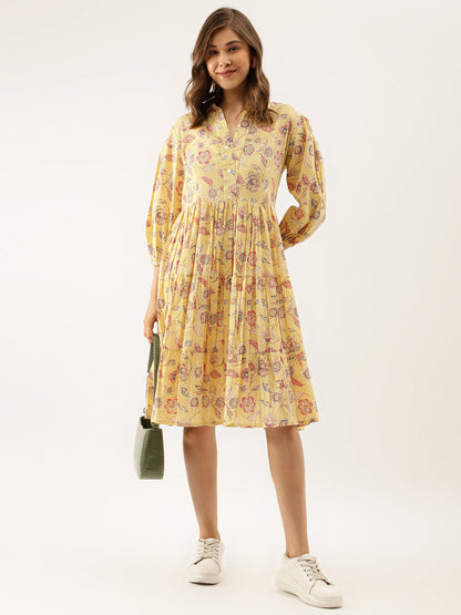 Eshani Yellow Floral Printed Cotton Dress for Women