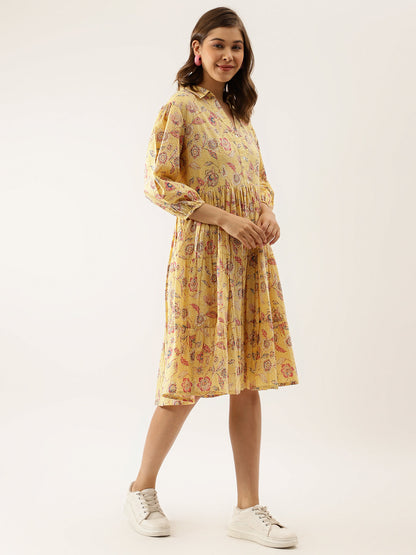 Eshani Yellow Floral Printed Cotton Dress for Women