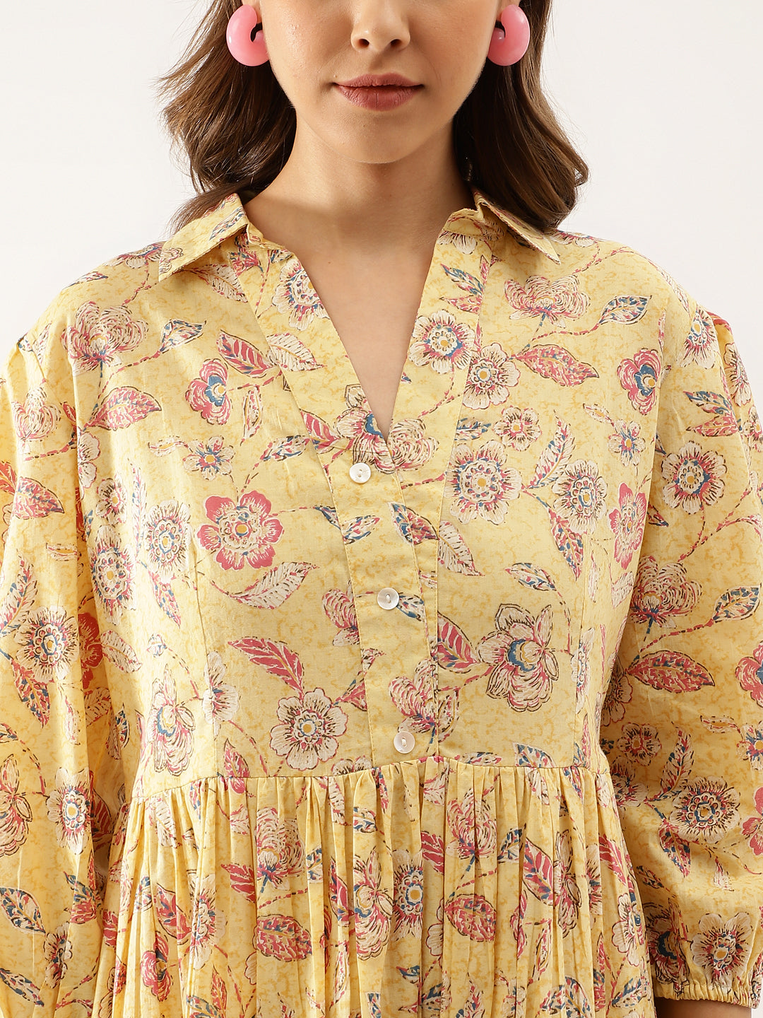 Eshani Yellow Floral Printed Cotton Dress for Women