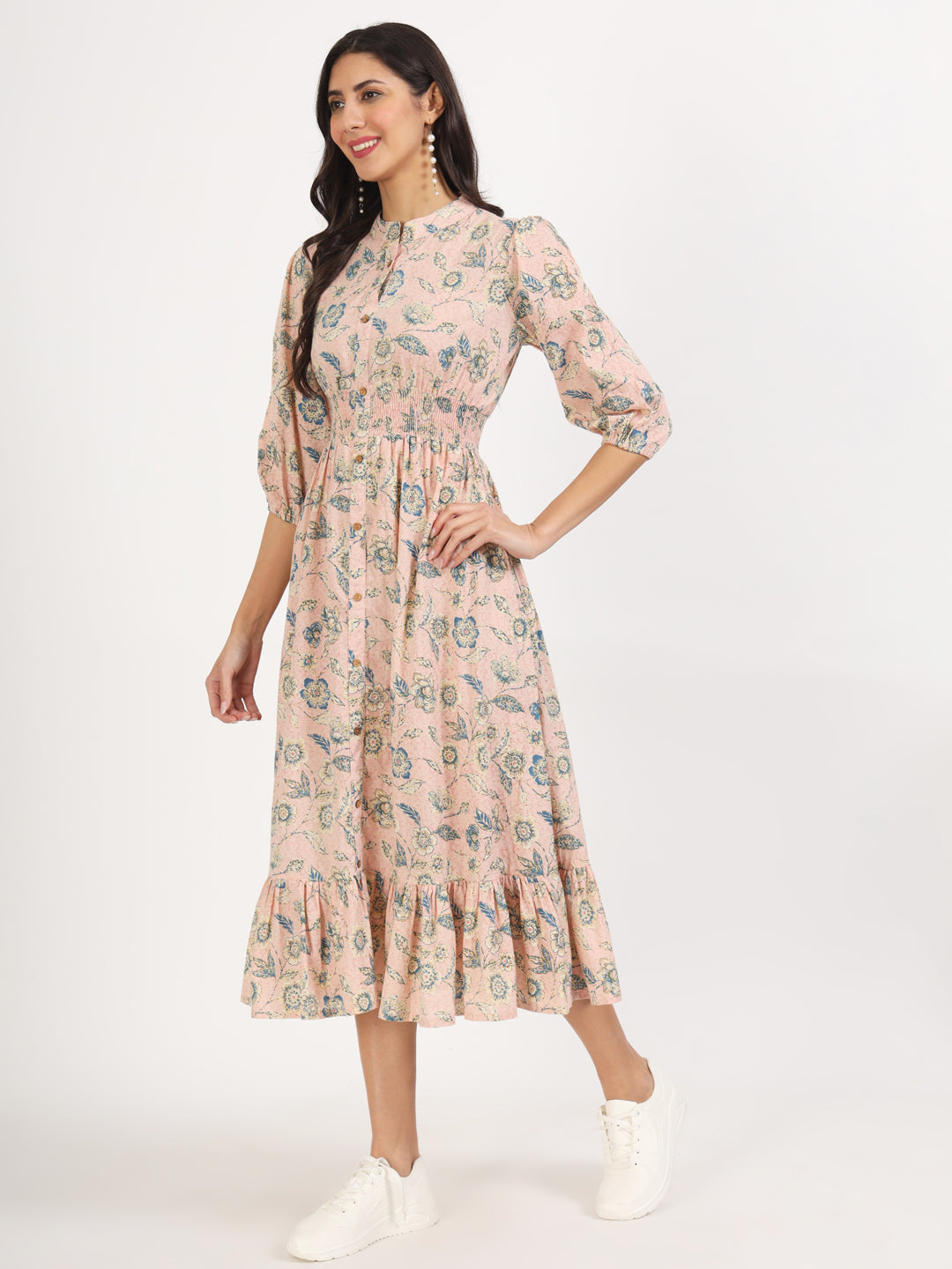 Eshani Light Pink Floral Print Cotton Knee Long Dress for Women