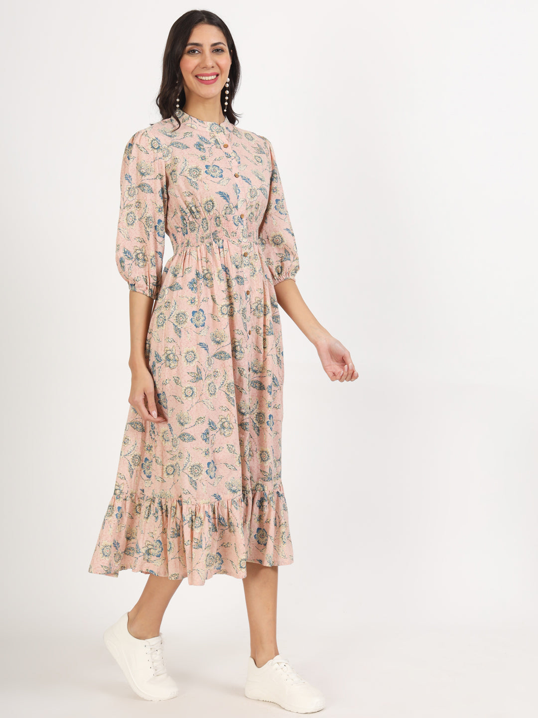 Eshani Light Pink Floral Print Cotton Knee Long Dress for Women