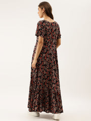 Eshani Black Multi Floral Printed Rayon Ethnic Dress for Women