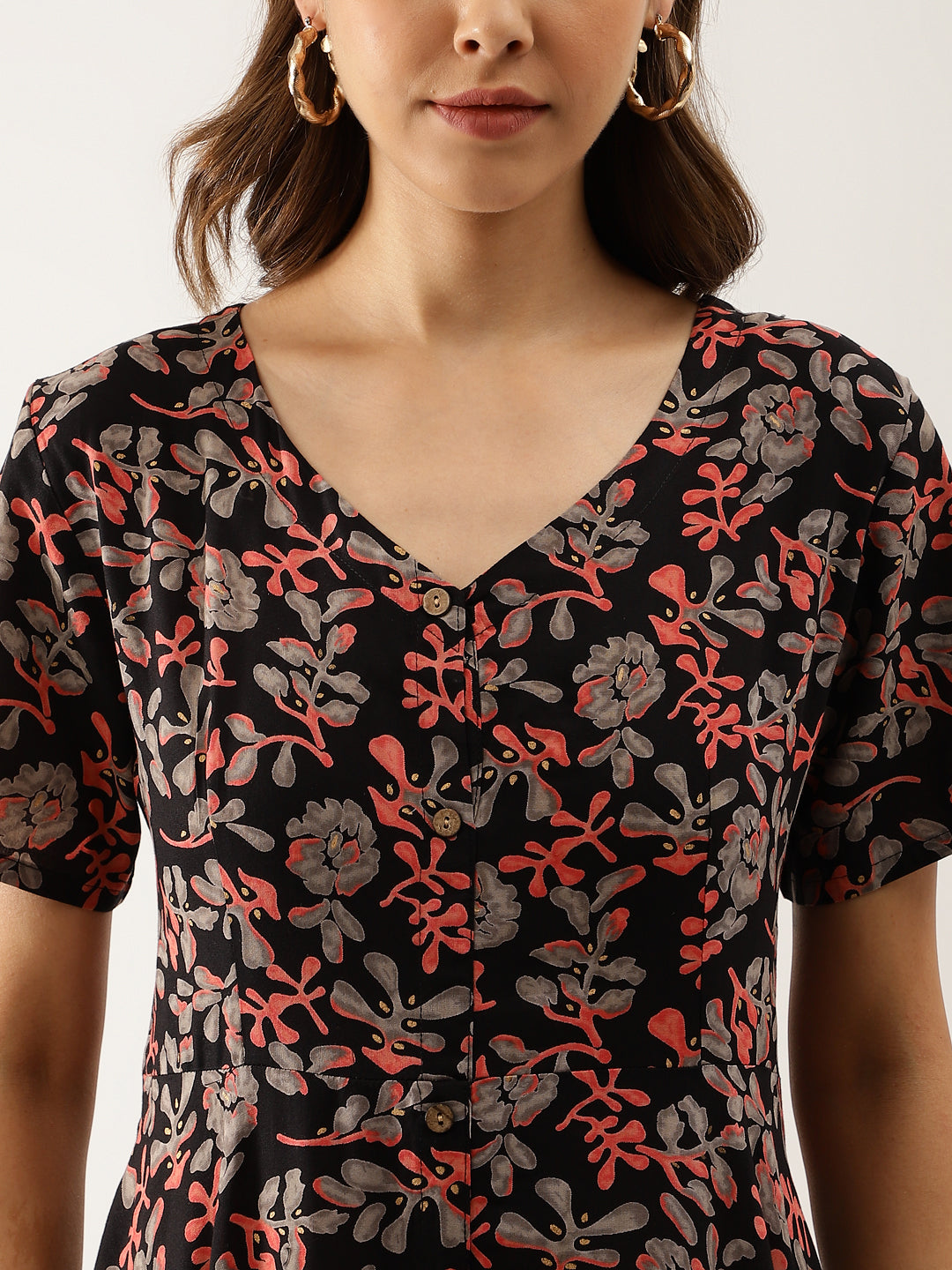 Eshani Black Multi Floral Printed Rayon Ethnic Dress for Women
