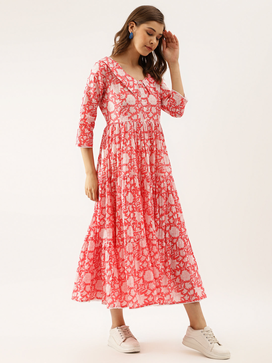 Eshani Pink Floral Printed Cotton Ethnic Dress for Women