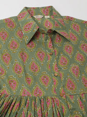 Eshani Green Paisley Printed Cotton Dress for Women