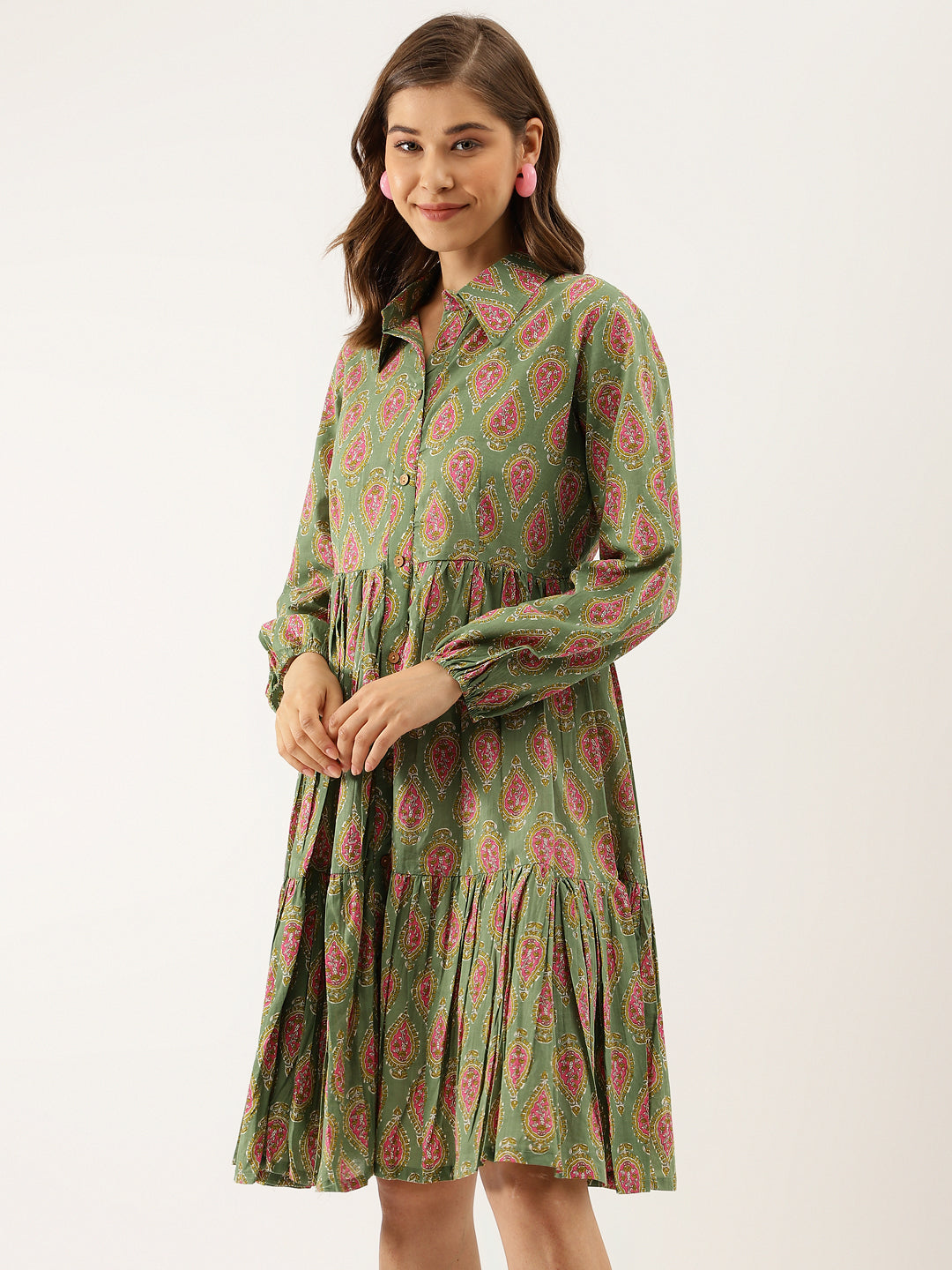 Eshani Green Paisley Printed Cotton Dress for Women