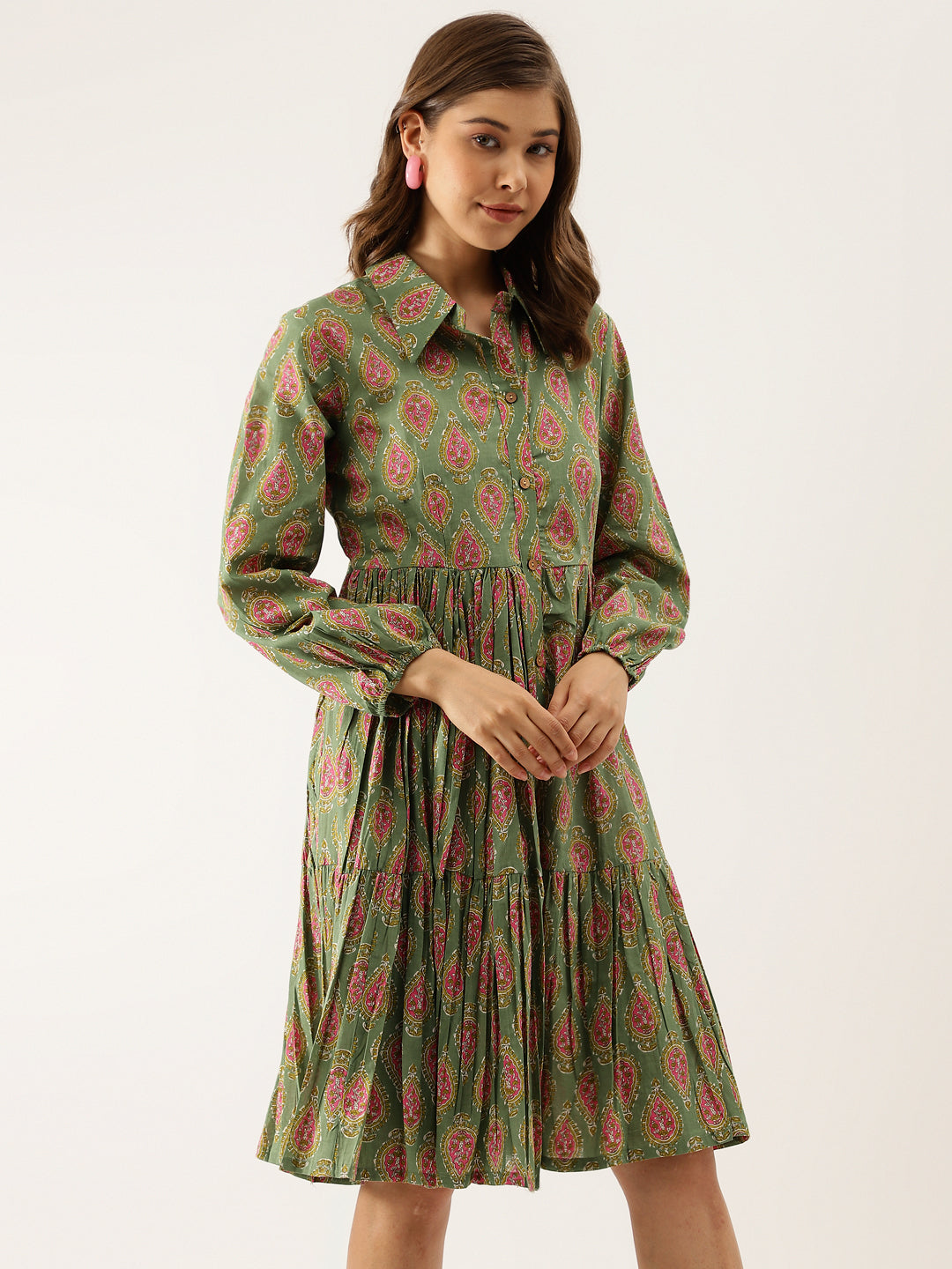 Eshani Green Paisley Printed Cotton Dress for Women