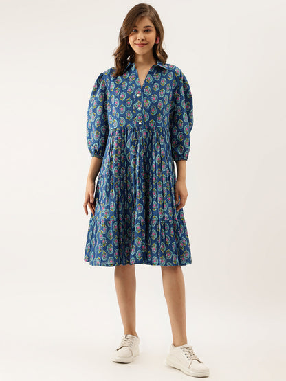 Eshani Blue Paisley Printed Cotton Dress for Women