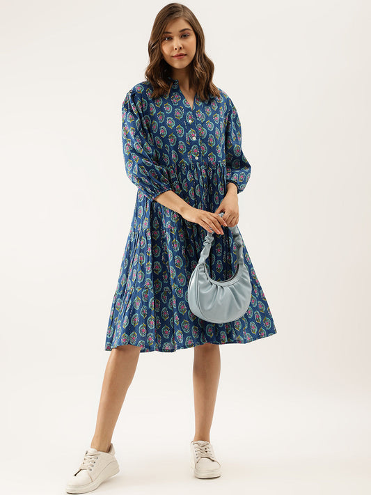 Eshani Blue Paisley Printed Cotton Dress for Women