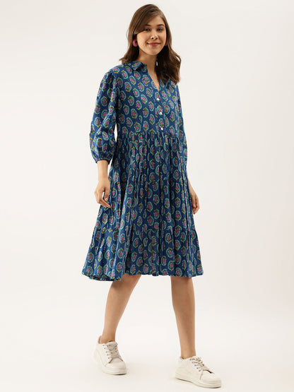 Eshani Blue Paisley Printed Cotton Dress for Women