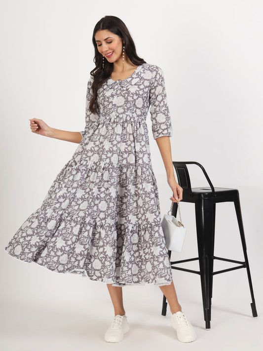 Eshani Grey Floral Printed Cotton Dress