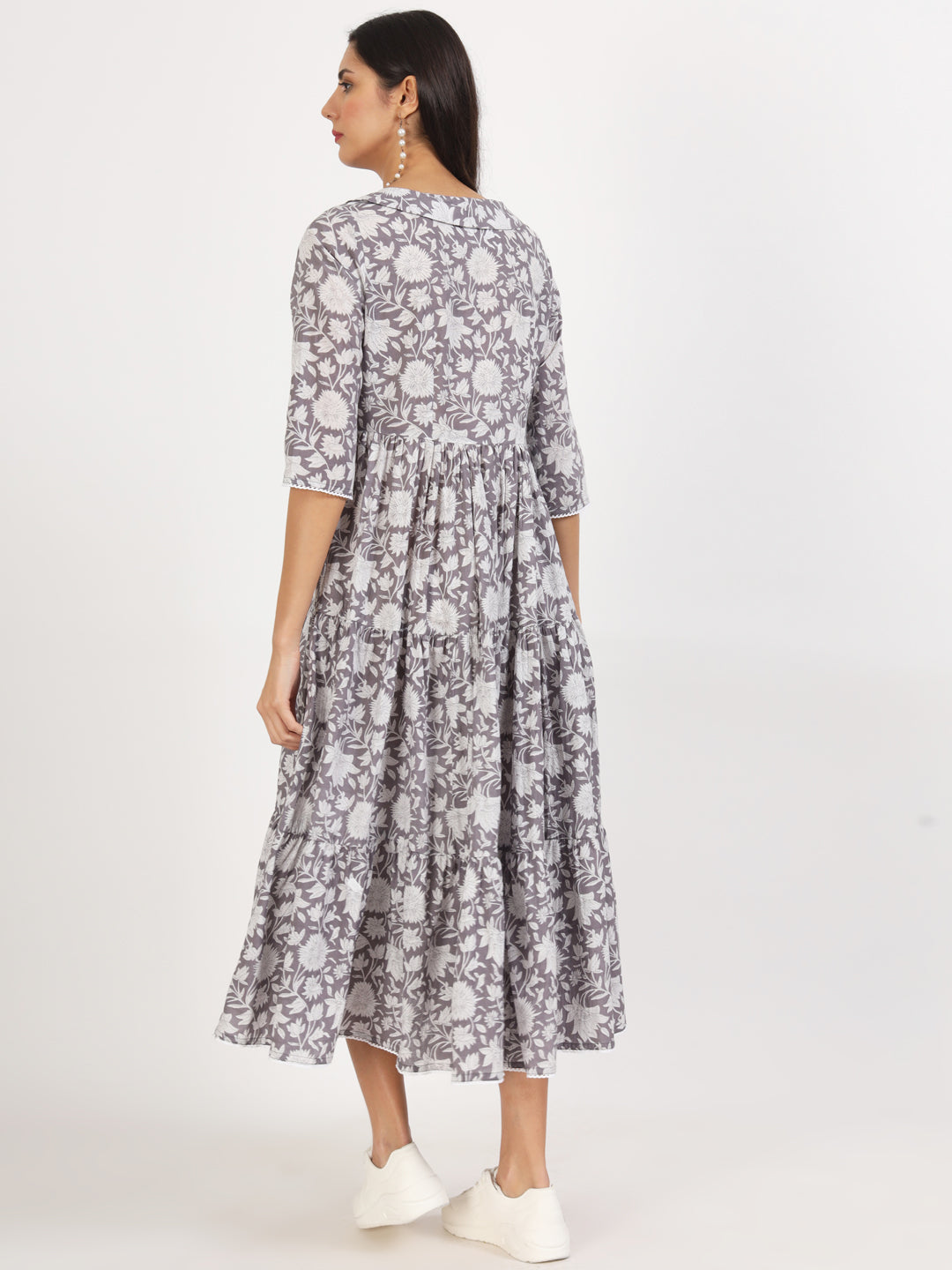 Eshani Grey Floral Printed Cotton Dress