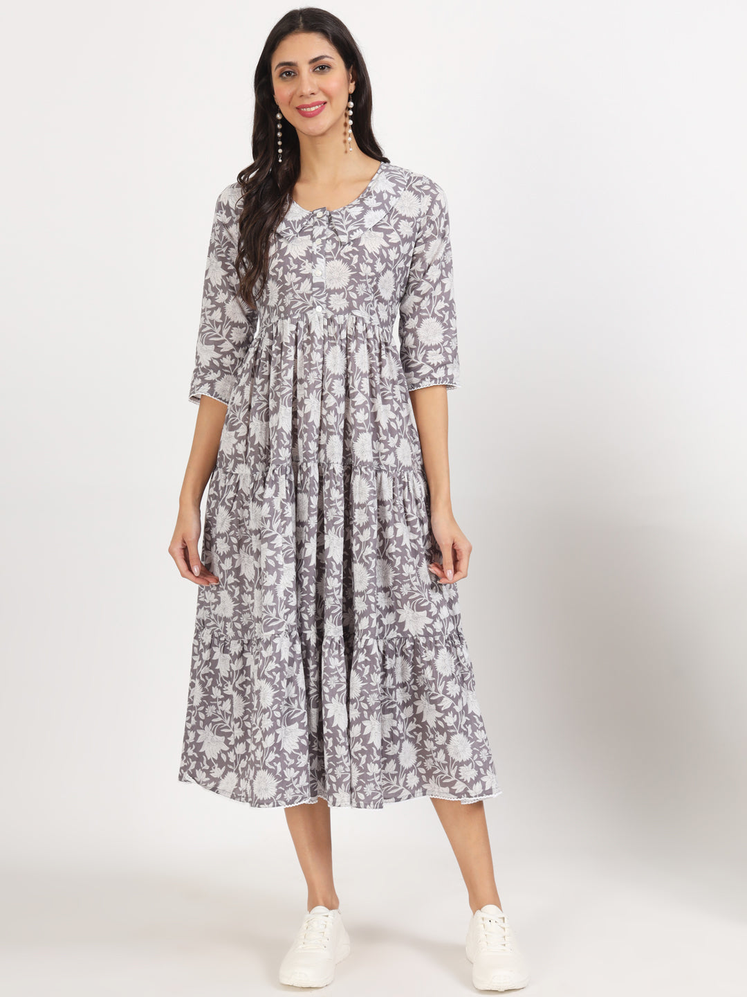 Eshani Grey Floral Printed Cotton Dress