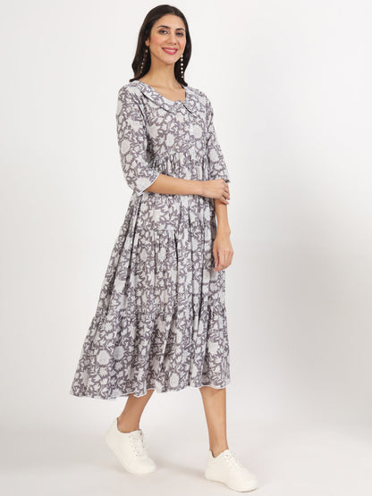 Eshani Grey Floral Printed Cotton Dress