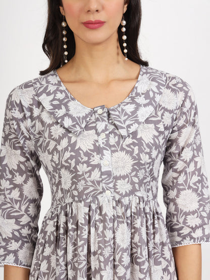 Eshani Grey Floral Printed Cotton Dress