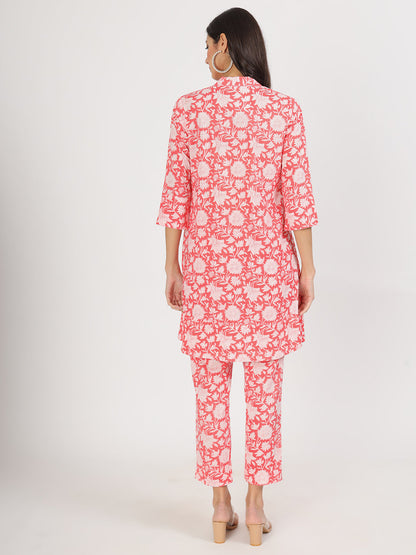 Eshani Pink Floral Printed Cotton Kurta with Herem Pant Co ord Set