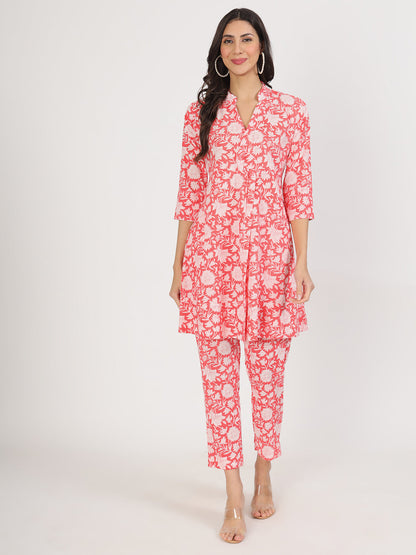 Eshani Pink Floral Printed Cotton Kurta with Herem Pant Co ord Set