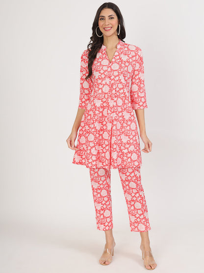 Eshani Pink Floral Printed Cotton Kurta with Herem Pant Co ord Set