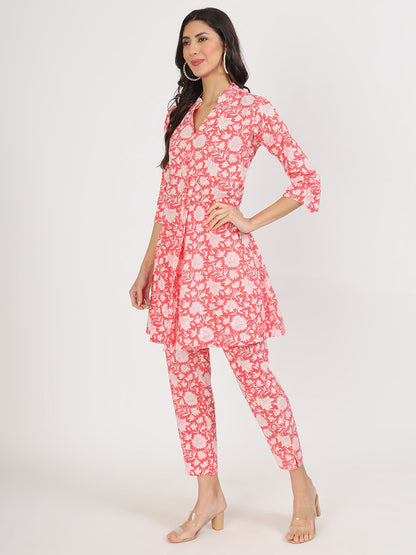 Eshani Pink Floral Printed Cotton Kurta with Herem Pant Co ord Set