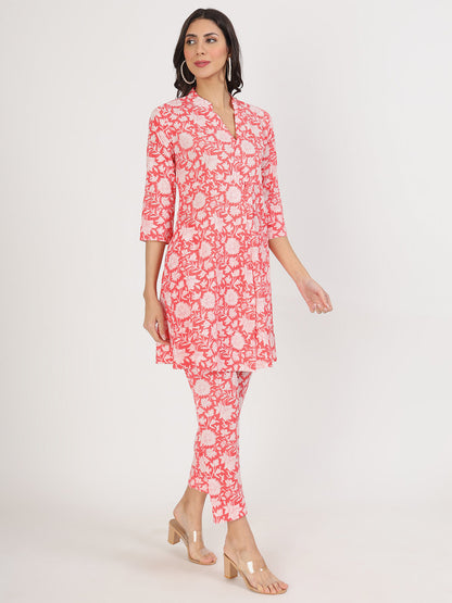 Eshani Pink Floral Printed Cotton Kurta with Herem Pant Co ord Set