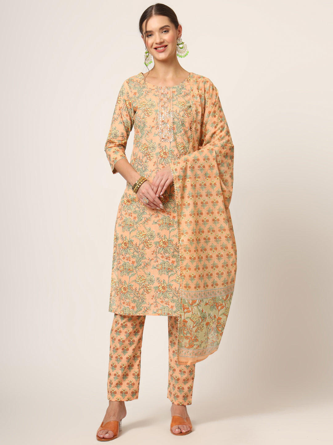 ESHANI Peach Floral Print Cotton Straight fit Kurta Set