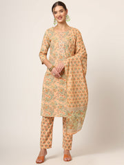 ESHANI Peach Floral Print Cotton Straight fit Kurta Set