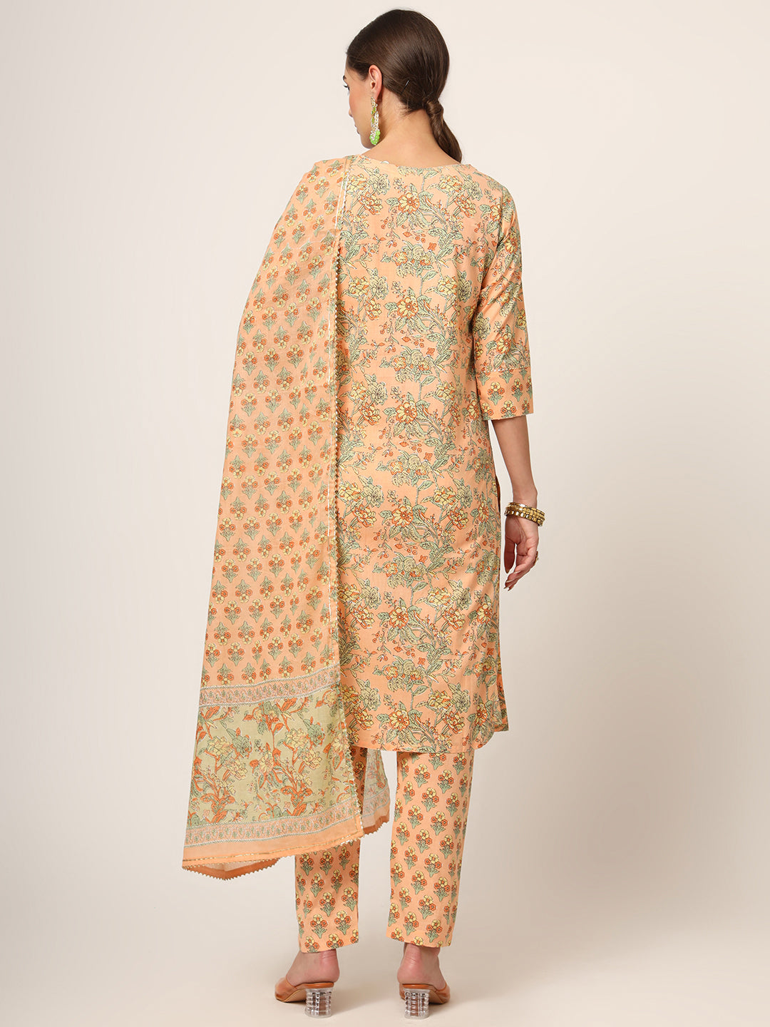 ESHANI Peach Floral Print Cotton Straight fit Kurta Set