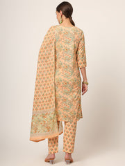 ESHANI Peach Floral Print Cotton Straight fit Kurta Set