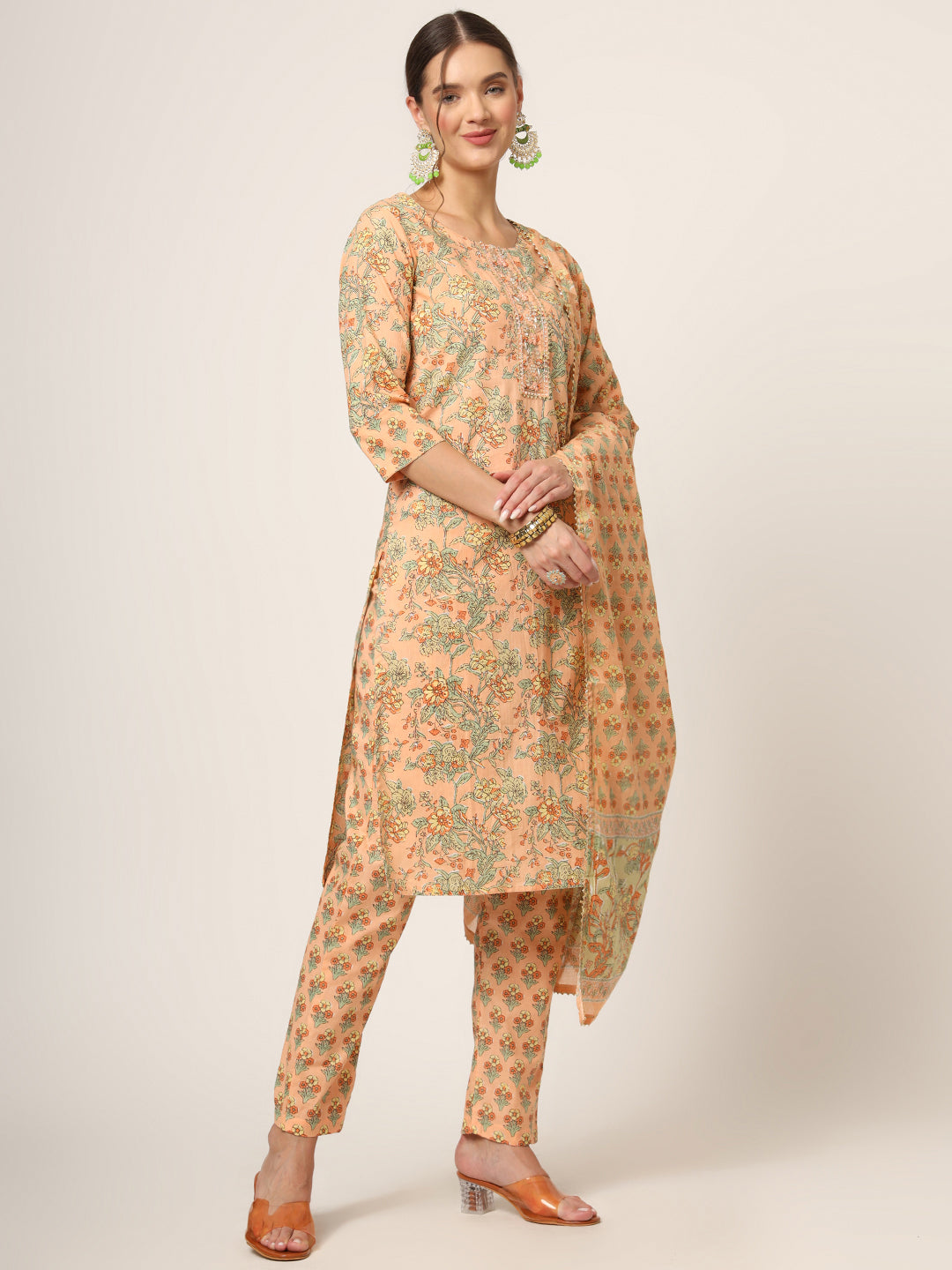 ESHANI Peach Floral Print Cotton Straight fit Kurta Set