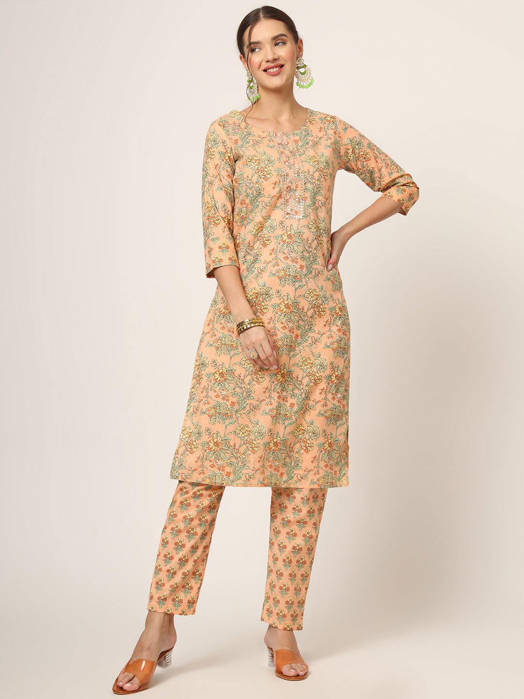 ESHANI Peach Floral Print Cotton Straight fit Kurta Set