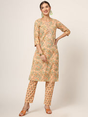 ESHANI Peach Floral Print Cotton Straight fit Kurta Set