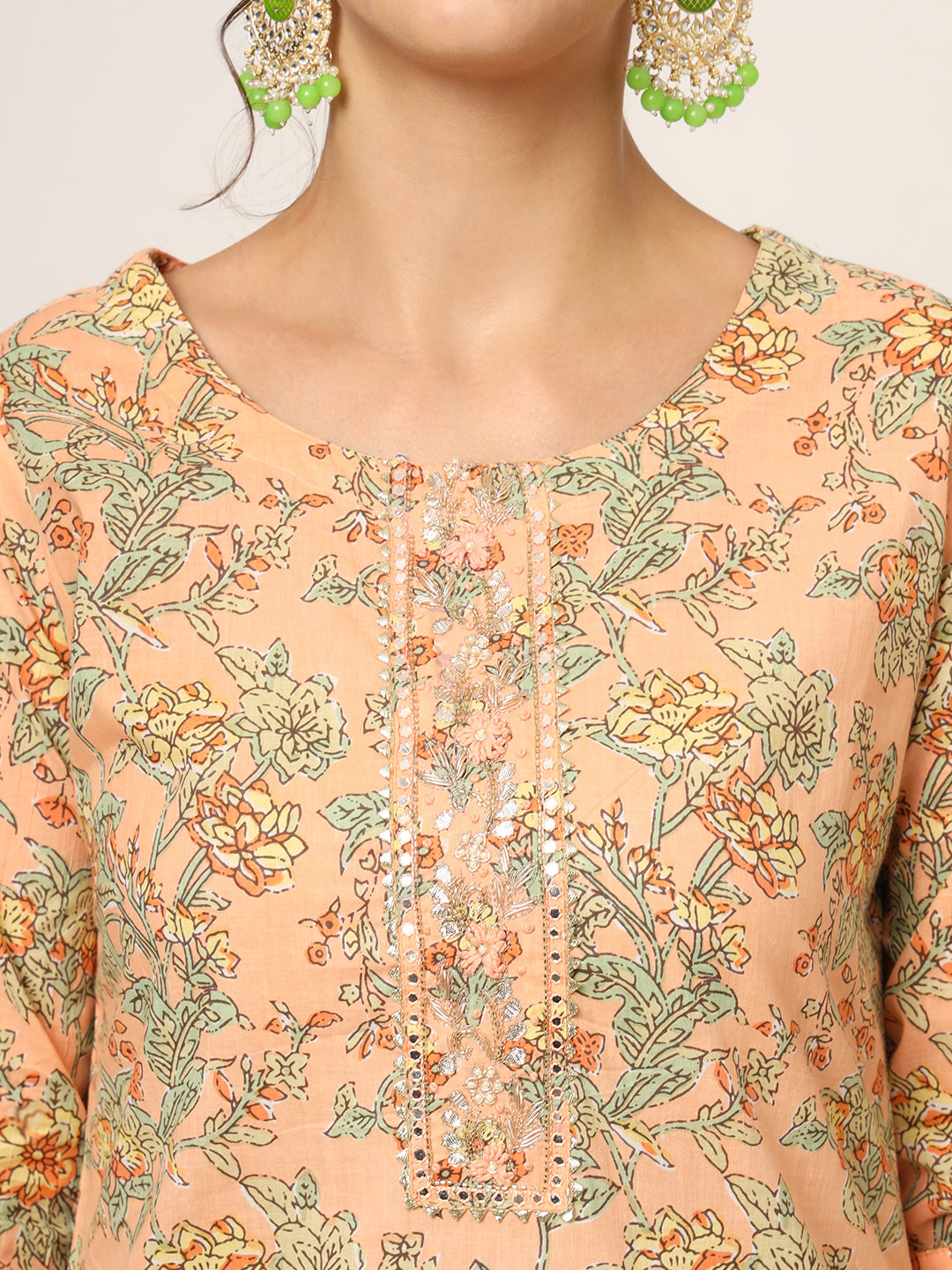 ESHANI Peach Floral Print Cotton Straight fit Kurta Set