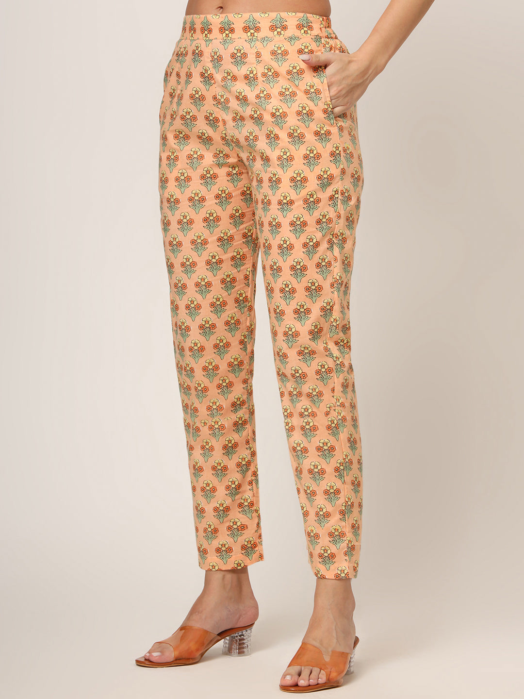 ESHANI Peach Floral Print Cotton Straight fit Kurta Set