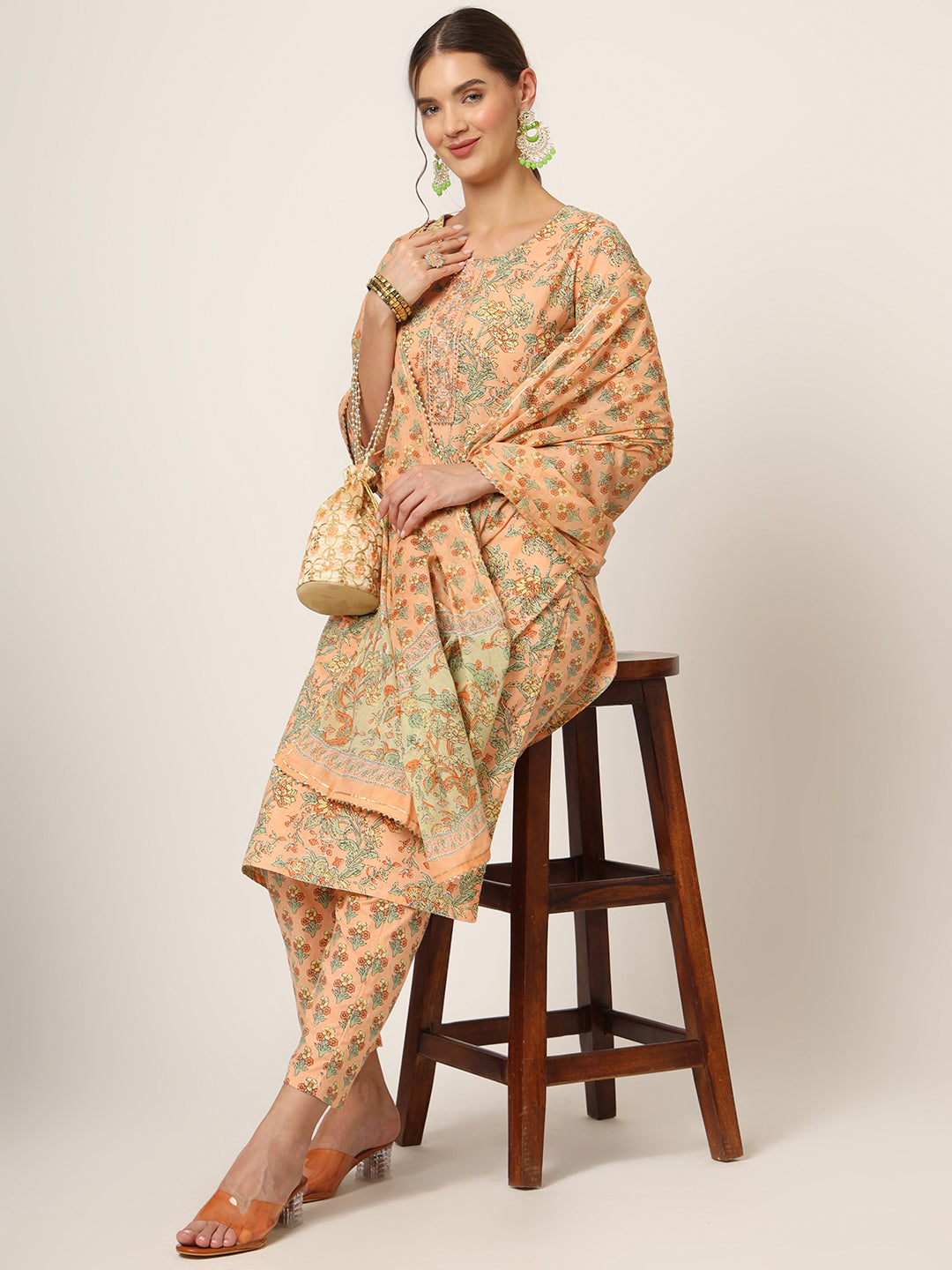 ESHANI Peach Floral Print Cotton Straight fit Kurta Set